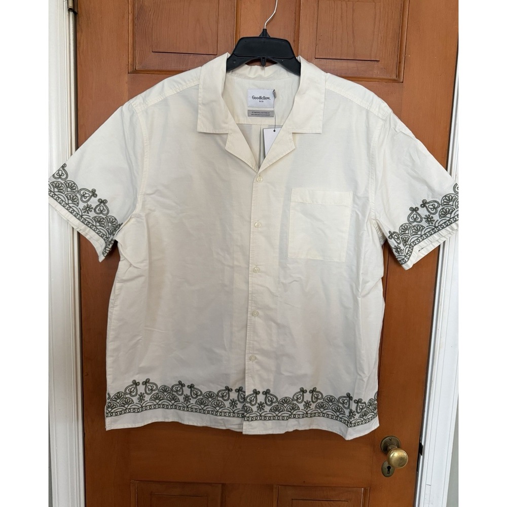 Men's Goodfellow Short Sleeve Cream Embroidered Button-Down Shirt Size XL Vacay